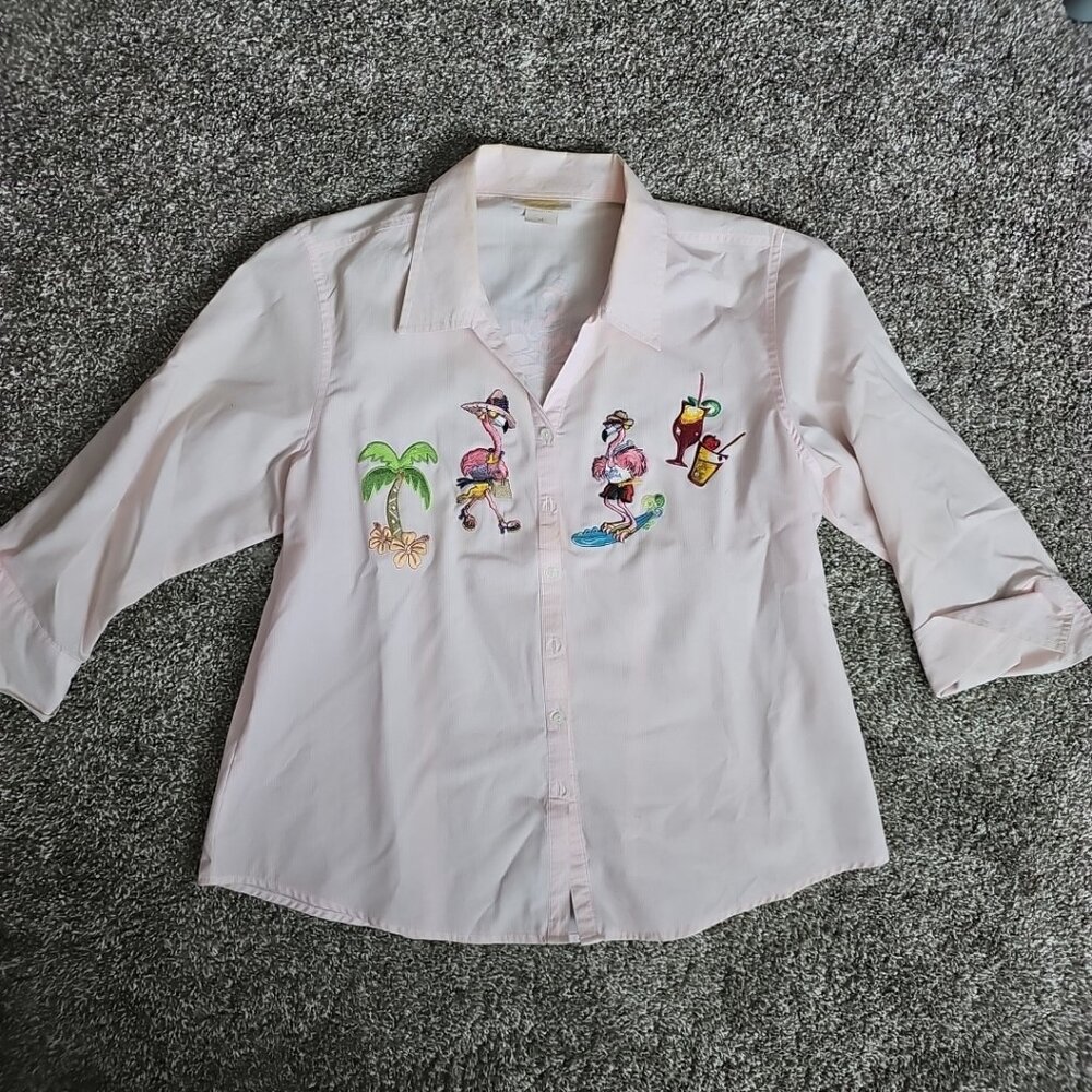 Tia Designs Womens Button Down Embroidered Flamingos Size Medium Pink Shirt
